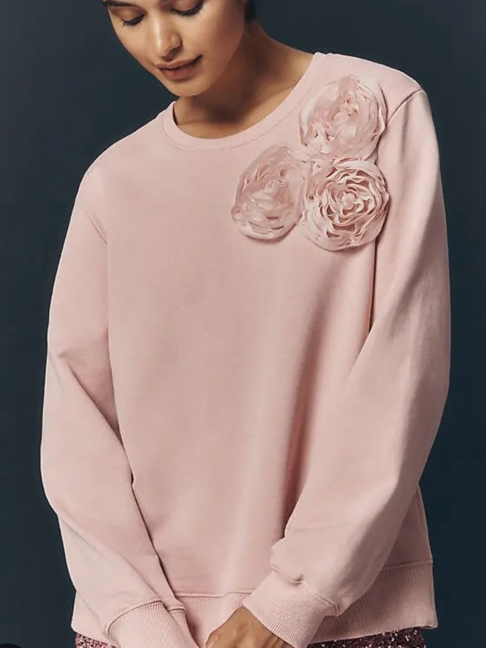 Maeve Women’s Pink Crew Neck Pullover Sweatshirt 3D Floral Applique M